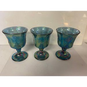 VIntage Indiana Glass Blue Carnival Pressed Glass Harvest Grape Footed Goblets